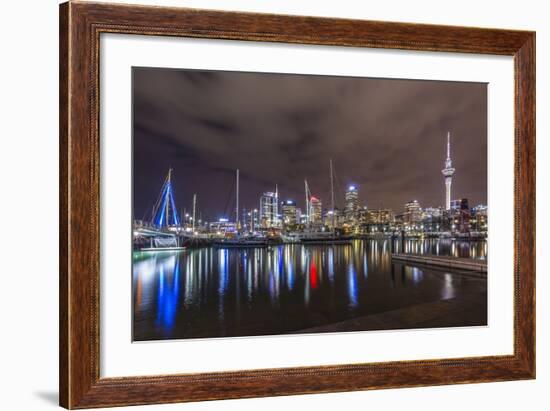 Night View of the City of Auckland from Auckland Harbour, North Island, New Zealand, Pacific-Michael Nolan-Framed Photographic Print