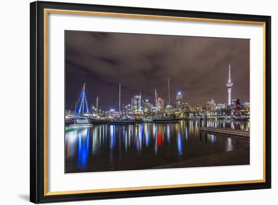 Night View of the City of Auckland from Auckland Harbour, North Island, New Zealand, Pacific-Michael Nolan-Framed Photographic Print