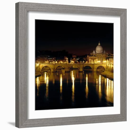 Night View of the Sant'Angelo Bridge and the Dome of the Basilica of Saint Peter in Rome-Roman-Framed Giclee Print