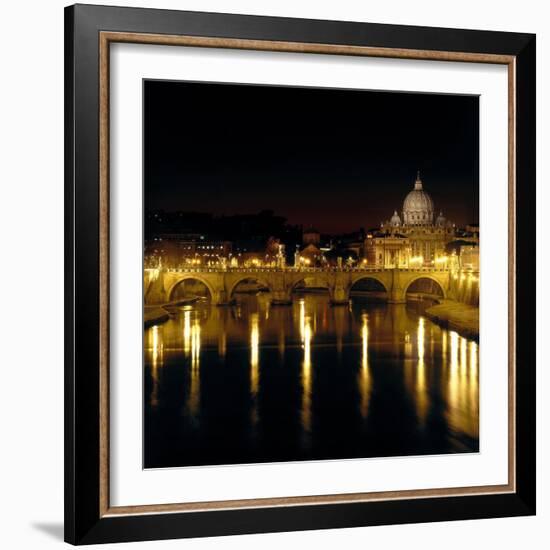 Night View of the Sant'Angelo Bridge and the Dome of the Basilica of Saint Peter in Rome-Roman-Framed Giclee Print