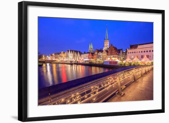 Night View of Typical Houses and the Cathedral Reflected in River Trave, Lubeck, Schleswig Holstein-Roberto Moiola-Framed Photographic Print