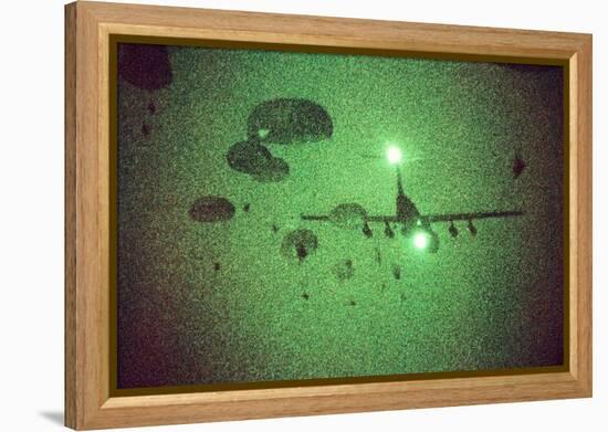 Night Vision Image of Paratroopers Jumping from C-141 Starlifter, Sept. 12 1989-null-Framed Stretched Canvas