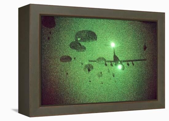 Night Vision Image of Paratroopers Jumping from C-141 Starlifter, Sept. 12 1989-null-Framed Stretched Canvas