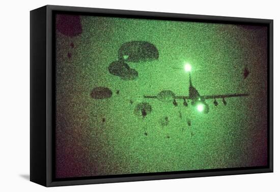 Night Vision Image of Paratroopers Jumping from C-141 Starlifter, Sept. 12 1989-null-Framed Stretched Canvas