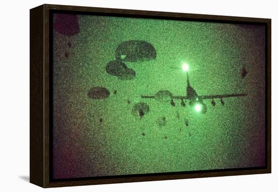 Night Vision Image of Paratroopers Jumping from C-141 Starlifter, Sept. 12 1989-null-Framed Stretched Canvas