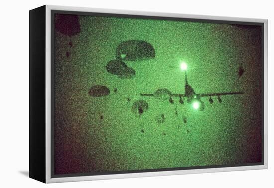 Night Vision Image of Paratroopers Jumping from C-141 Starlifter, Sept. 12 1989-null-Framed Stretched Canvas