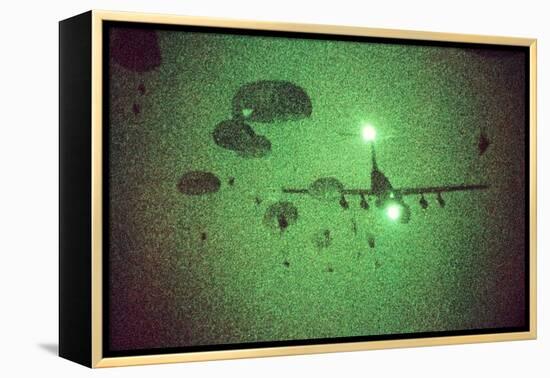 Night Vision Image of Paratroopers Jumping from C-141 Starlifter, Sept. 12 1989-null-Framed Stretched Canvas