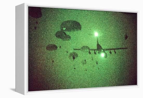 Night Vision Image of Paratroopers Jumping from C-141 Starlifter, Sept. 12 1989-null-Framed Stretched Canvas