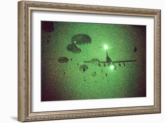 Night Vision Image of Paratroopers Jumping from C-141 Starlifter, Sept. 12 1989-null-Framed Photo