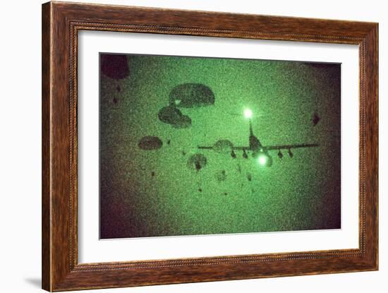 Night Vision Image of Paratroopers Jumping from C-141 Starlifter, Sept. 12 1989-null-Framed Photo