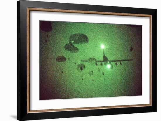 Night Vision Image of Paratroopers Jumping from C-141 Starlifter, Sept. 12 1989-null-Framed Photo