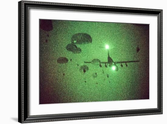 Night Vision Image of Paratroopers Jumping from C-141 Starlifter, Sept. 12 1989-null-Framed Photo