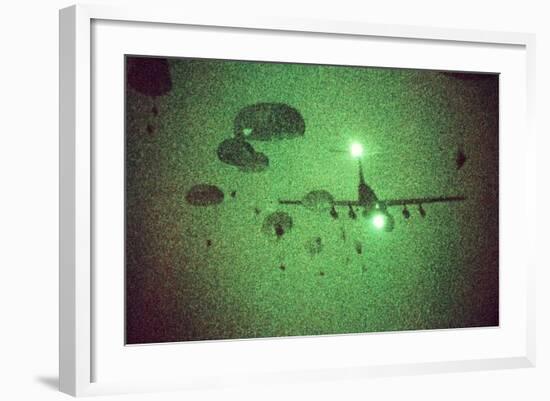 Night Vision Image of Paratroopers Jumping from C-141 Starlifter, Sept. 12 1989-null-Framed Photo