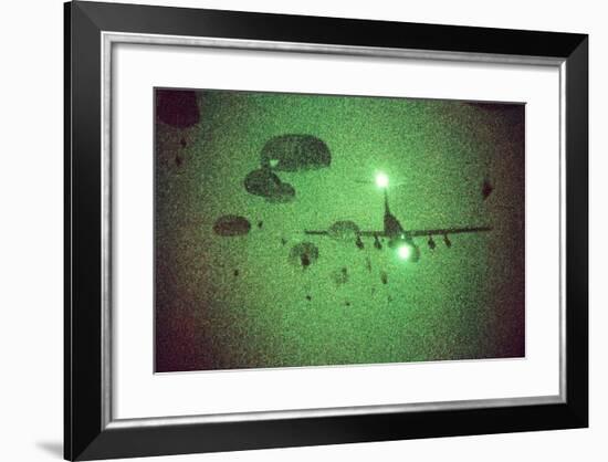 Night Vision Image of Paratroopers Jumping from C-141 Starlifter, Sept. 12 1989-null-Framed Photo