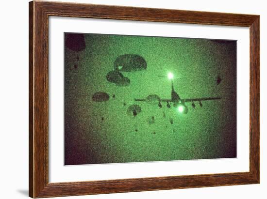 Night Vision Image of Paratroopers Jumping from C-141 Starlifter, Sept. 12 1989-null-Framed Photo