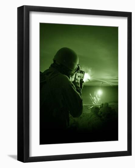 Night Vision View of a Special Operations Forces Soldier Firing His Weapon During Combat-Stocktrek Images-Framed Photographic Print