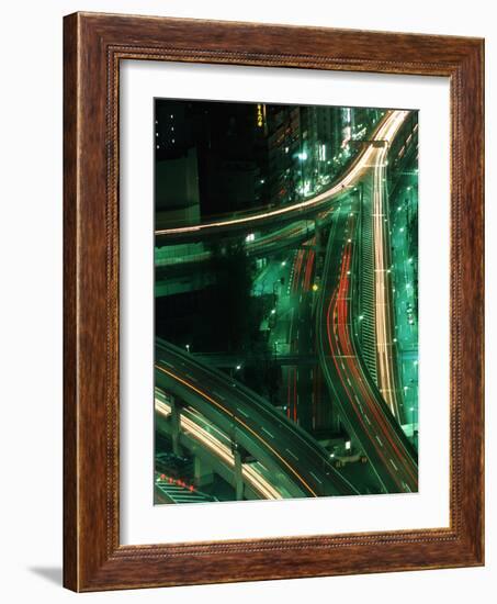 Nighttime Aerial View of Freeways and Traffic Motion, Tokyo, Japan-Nancy & Steve Ross-Framed Photographic Print