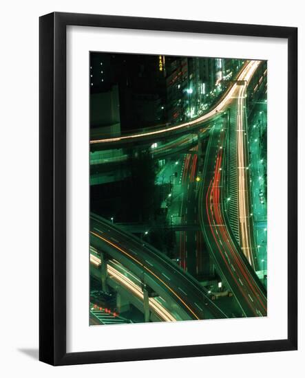 Nighttime Aerial View of Freeways and Traffic Motion, Tokyo, Japan-Nancy & Steve Ross-Framed Photographic Print