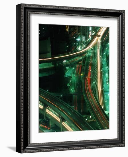 Nighttime Aerial View of Freeways and Traffic Motion, Tokyo, Japan-Nancy & Steve Ross-Framed Photographic Print
