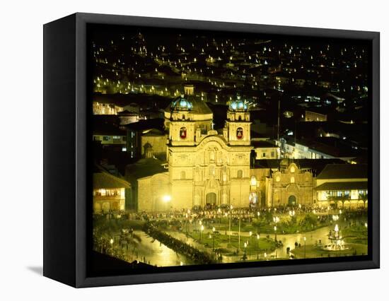 Nighttime Aerial View of the Main Square Featuring the Cathedral of Cusco, Cusco, Peru-Jim Zuckerman-Framed Premier Image Canvas