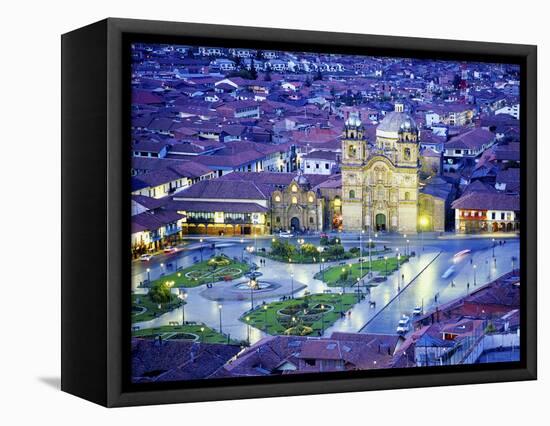 Nighttime Aerial View of the Main Square Featuring the Cathedral of Cusco, Cusco, Peru-Jim Zuckerman-Framed Premier Image Canvas
