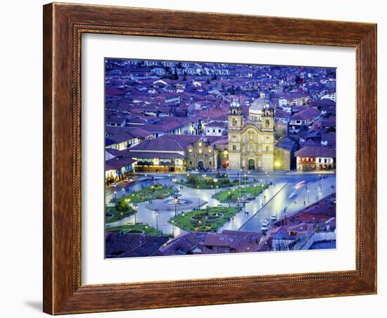 Nighttime Aerial View of the Main Square Featuring the Cathedral of Cusco, Cusco, Peru-Jim Zuckerman-Framed Photographic Print