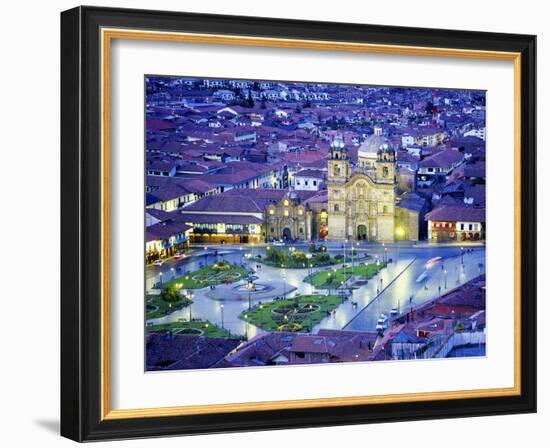 Nighttime Aerial View of the Main Square Featuring the Cathedral of Cusco, Cusco, Peru-Jim Zuckerman-Framed Photographic Print
