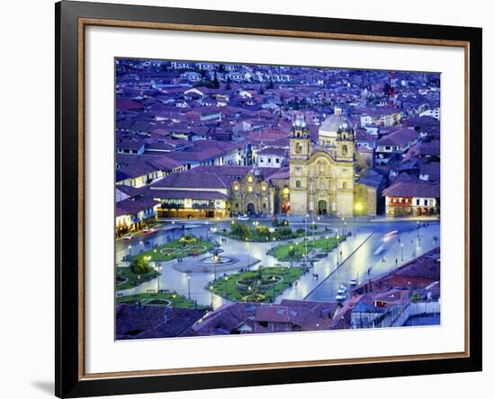 Nighttime Aerial View of the Main Square Featuring the Cathedral of Cusco, Cusco, Peru-Jim Zuckerman-Framed Photographic Print