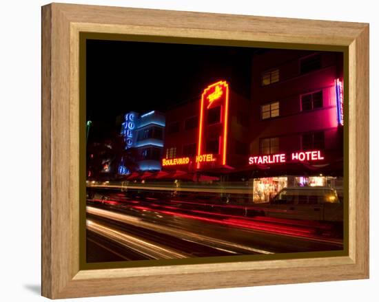 Nighttime Traffic on Ocean Drive, Art Deco Hotels, South Beach, Miami, Florida, USA-Nancy & Steve Ross-Framed Premier Image Canvas