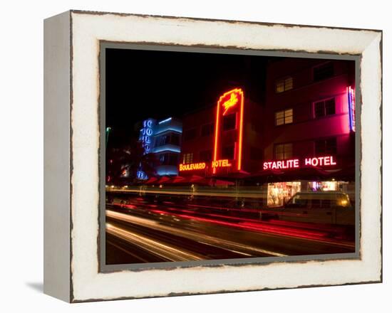 Nighttime Traffic on Ocean Drive, Art Deco Hotels, South Beach, Miami, Florida, USA-Nancy & Steve Ross-Framed Premier Image Canvas