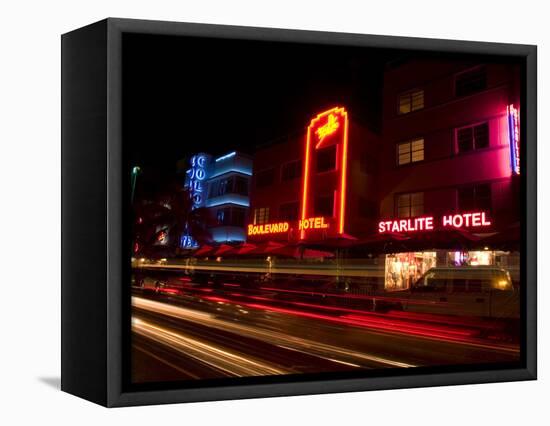 Nighttime Traffic on Ocean Drive, Art Deco Hotels, South Beach, Miami, Florida, USA-Nancy & Steve Ross-Framed Premier Image Canvas