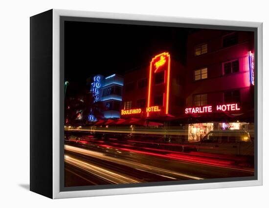 Nighttime Traffic on Ocean Drive, Art Deco Hotels, South Beach, Miami, Florida, USA-Nancy & Steve Ross-Framed Premier Image Canvas