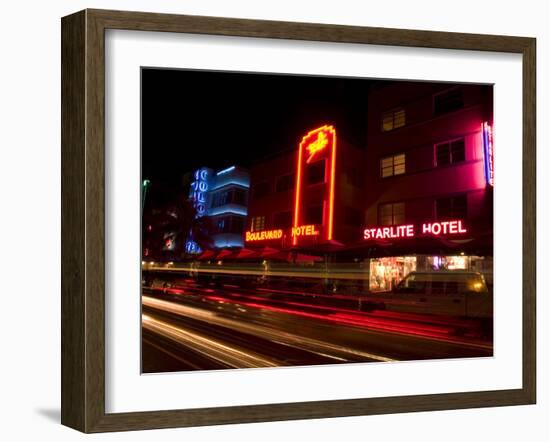 Nighttime Traffic on Ocean Drive, Art Deco Hotels, South Beach, Miami, Florida, USA-Nancy & Steve Ross-Framed Photographic Print