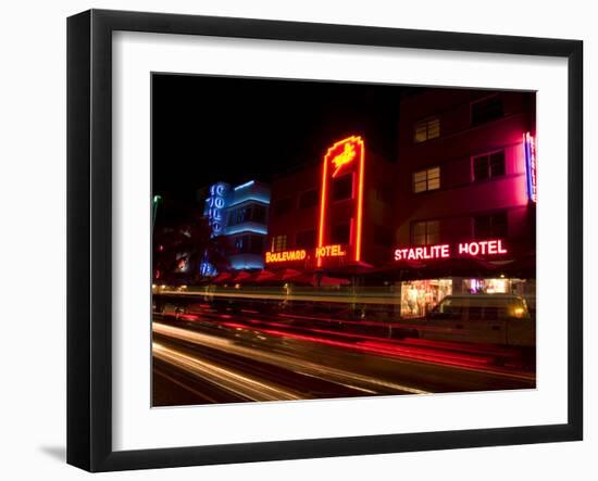 Nighttime Traffic on Ocean Drive, Art Deco Hotels, South Beach, Miami, Florida, USA-Nancy & Steve Ross-Framed Photographic Print