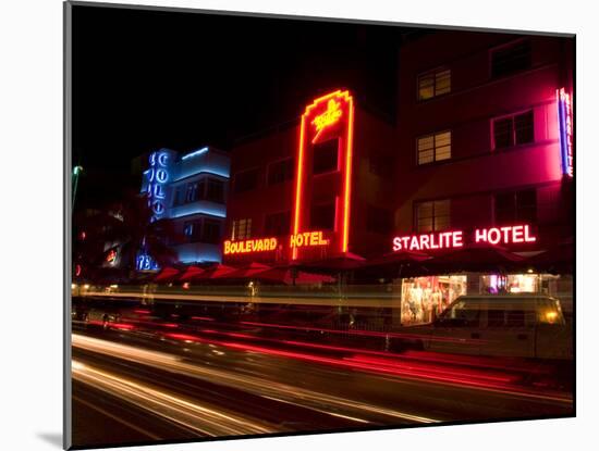 Nighttime Traffic on Ocean Drive, Art Deco Hotels, South Beach, Miami, Florida, USA-Nancy & Steve Ross-Mounted Photographic Print