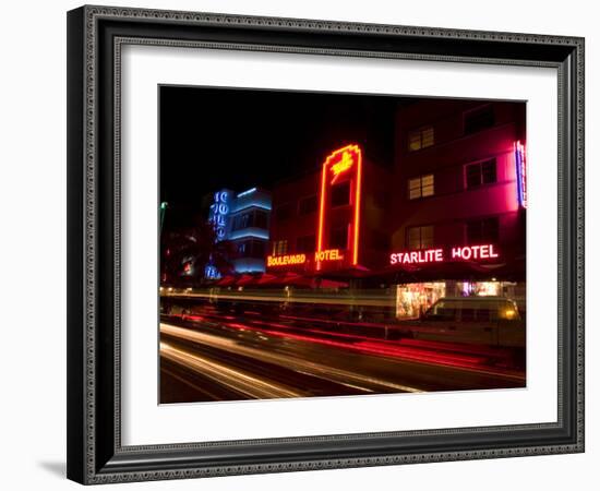 Nighttime Traffic on Ocean Drive, Art Deco Hotels, South Beach, Miami, Florida, USA-Nancy & Steve Ross-Framed Photographic Print