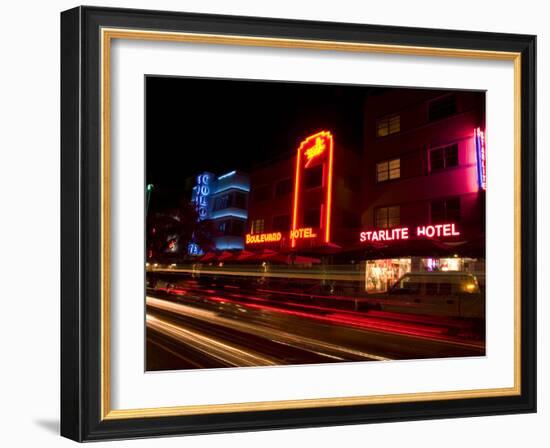 Nighttime Traffic on Ocean Drive, Art Deco Hotels, South Beach, Miami, Florida, USA-Nancy & Steve Ross-Framed Photographic Print