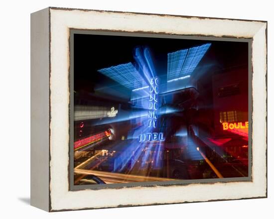 Nighttime Traffic on Ocean Drive, Art Deco Hotels, South Beach, Miami, Florida, USA-Nancy & Steve Ross-Framed Premier Image Canvas