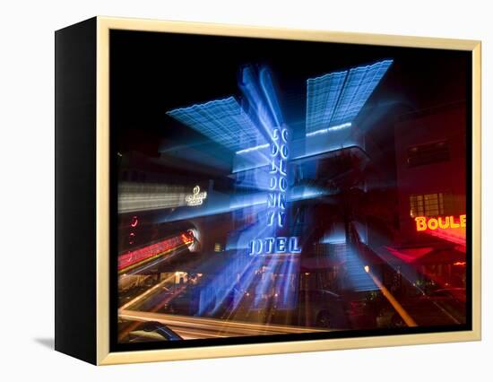 Nighttime Traffic on Ocean Drive, Art Deco Hotels, South Beach, Miami, Florida, USA-Nancy & Steve Ross-Framed Premier Image Canvas