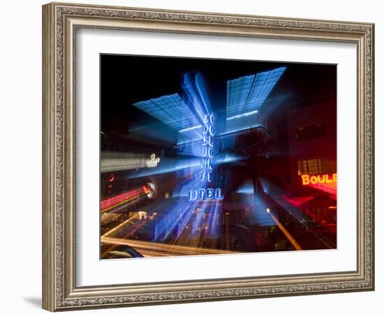 Nighttime Traffic on Ocean Drive, Art Deco Hotels, South Beach, Miami, Florida, USA-Nancy & Steve Ross-Framed Photographic Print