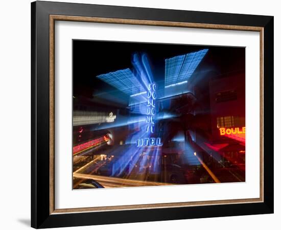 Nighttime Traffic on Ocean Drive, Art Deco Hotels, South Beach, Miami, Florida, USA-Nancy & Steve Ross-Framed Photographic Print