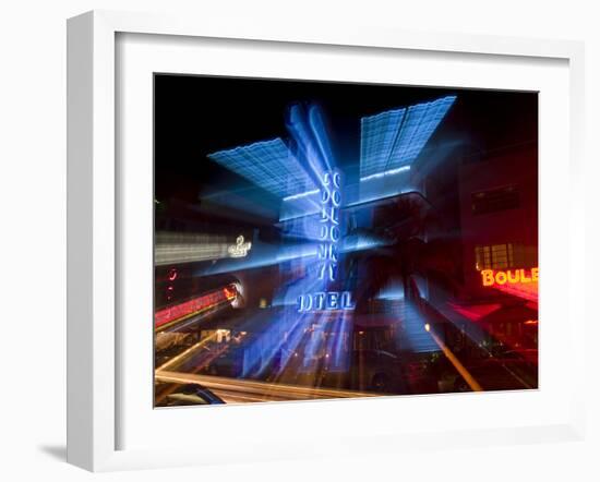 Nighttime Traffic on Ocean Drive, Art Deco Hotels, South Beach, Miami, Florida, USA-Nancy & Steve Ross-Framed Photographic Print