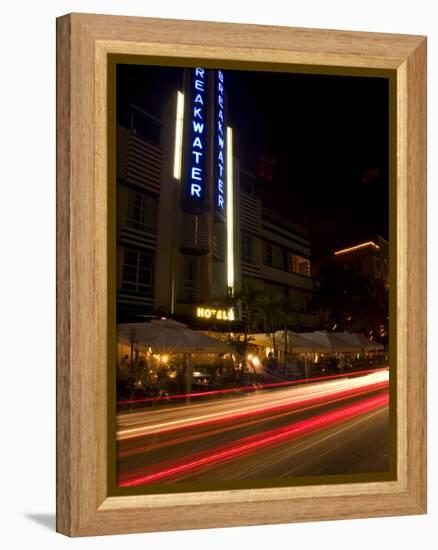 Nighttime Traffic on Ocean Drive, Art Deco Hotels, South Beach, Miami, Florida, USA-Nancy & Steve Ross-Framed Premier Image Canvas