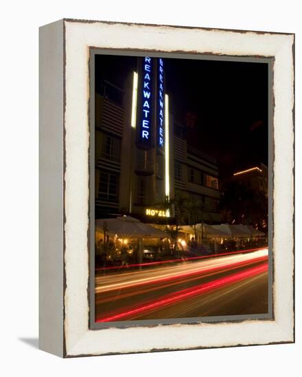 Nighttime Traffic on Ocean Drive, Art Deco Hotels, South Beach, Miami, Florida, USA-Nancy & Steve Ross-Framed Premier Image Canvas