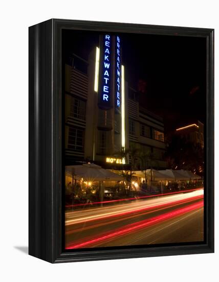 Nighttime Traffic on Ocean Drive, Art Deco Hotels, South Beach, Miami, Florida, USA-Nancy & Steve Ross-Framed Premier Image Canvas