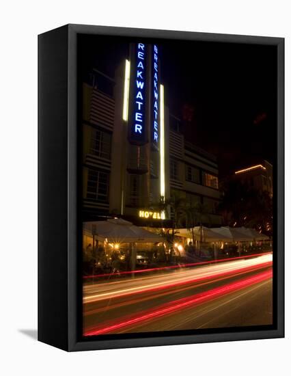 Nighttime Traffic on Ocean Drive, Art Deco Hotels, South Beach, Miami, Florida, USA-Nancy & Steve Ross-Framed Premier Image Canvas