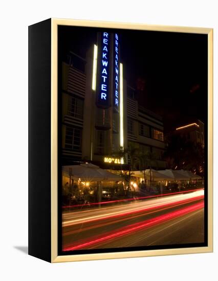 Nighttime Traffic on Ocean Drive, Art Deco Hotels, South Beach, Miami, Florida, USA-Nancy & Steve Ross-Framed Premier Image Canvas