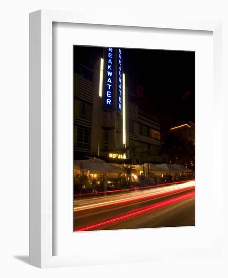 Nighttime Traffic on Ocean Drive, Art Deco Hotels, South Beach, Miami, Florida, USA-Nancy & Steve Ross-Framed Photographic Print