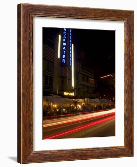 Nighttime Traffic on Ocean Drive, Art Deco Hotels, South Beach, Miami, Florida, USA-Nancy & Steve Ross-Framed Photographic Print