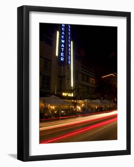 Nighttime Traffic on Ocean Drive, Art Deco Hotels, South Beach, Miami, Florida, USA-Nancy & Steve Ross-Framed Photographic Print